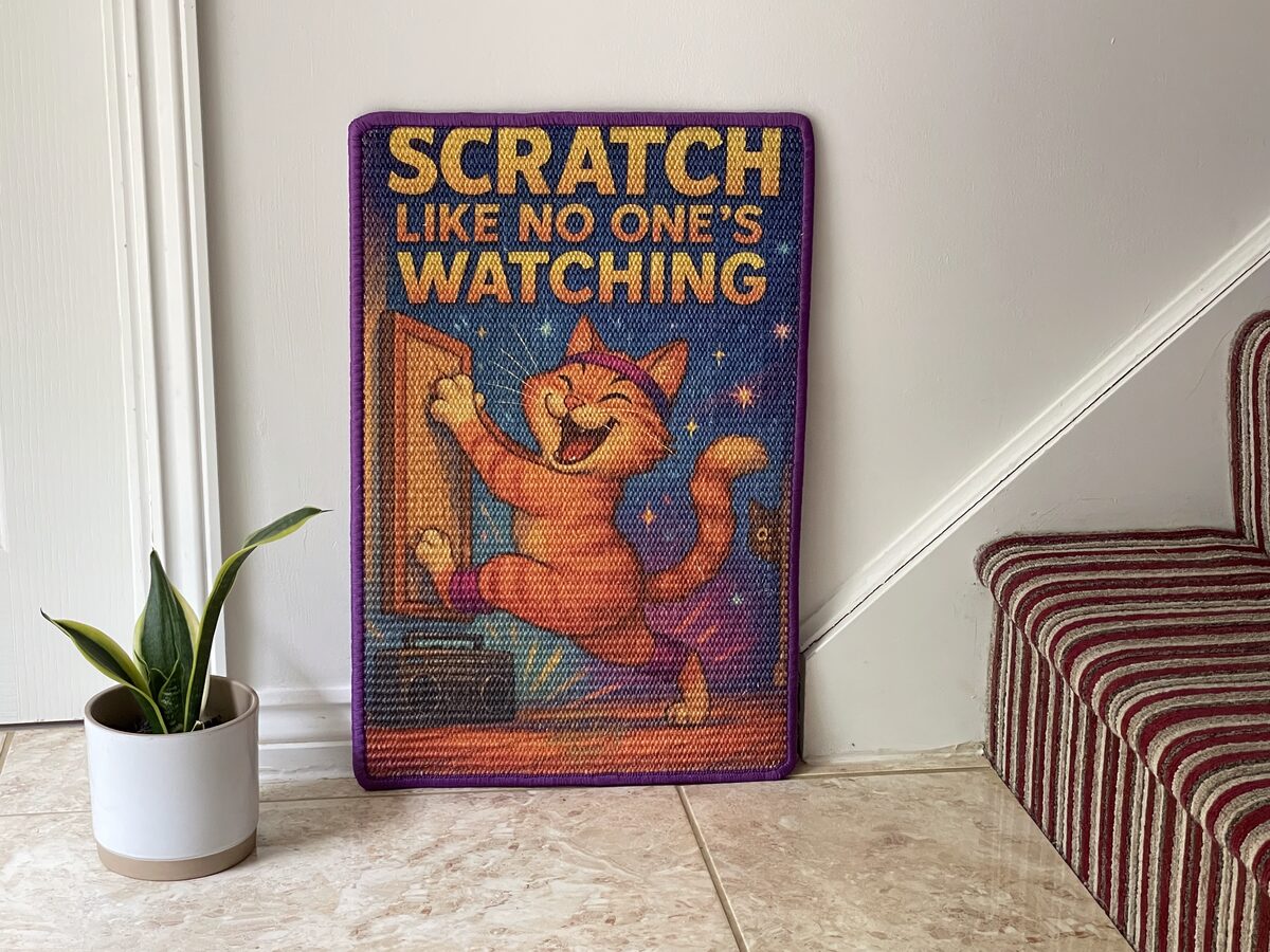 Hand-painted disco scene featuring Disco Doris in a sweatband and leg warmers, mid-dance beside a boombox, with a small black cat watching from behind a column. Title text reads 'Scratch Like No One's Watching.'