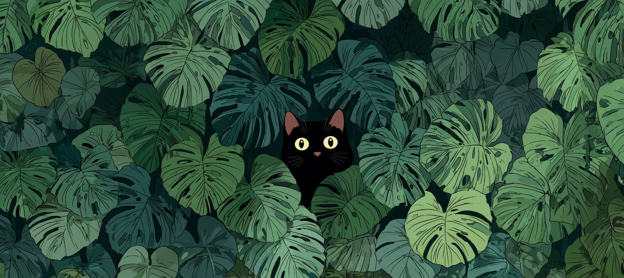 XL Jungle Leaves Mouse Pad – Black Cat Peeking Design | 900×400×4mm Desk Mat | Aesthetic Green Non-Slip Mat for Gaming, Work & Study – Whiskery Sour