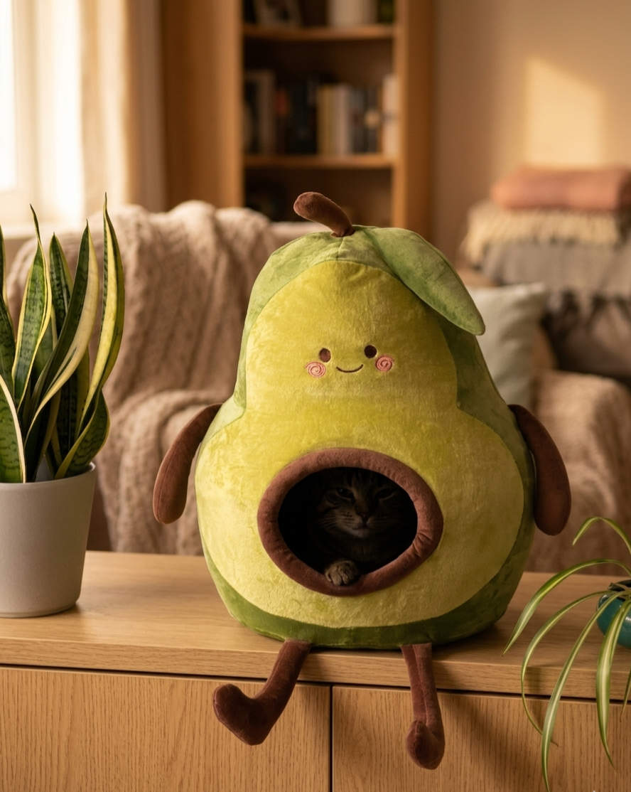 Cosy avocado-shaped plush cat house with a cat peeking out, on a wooden sideboard