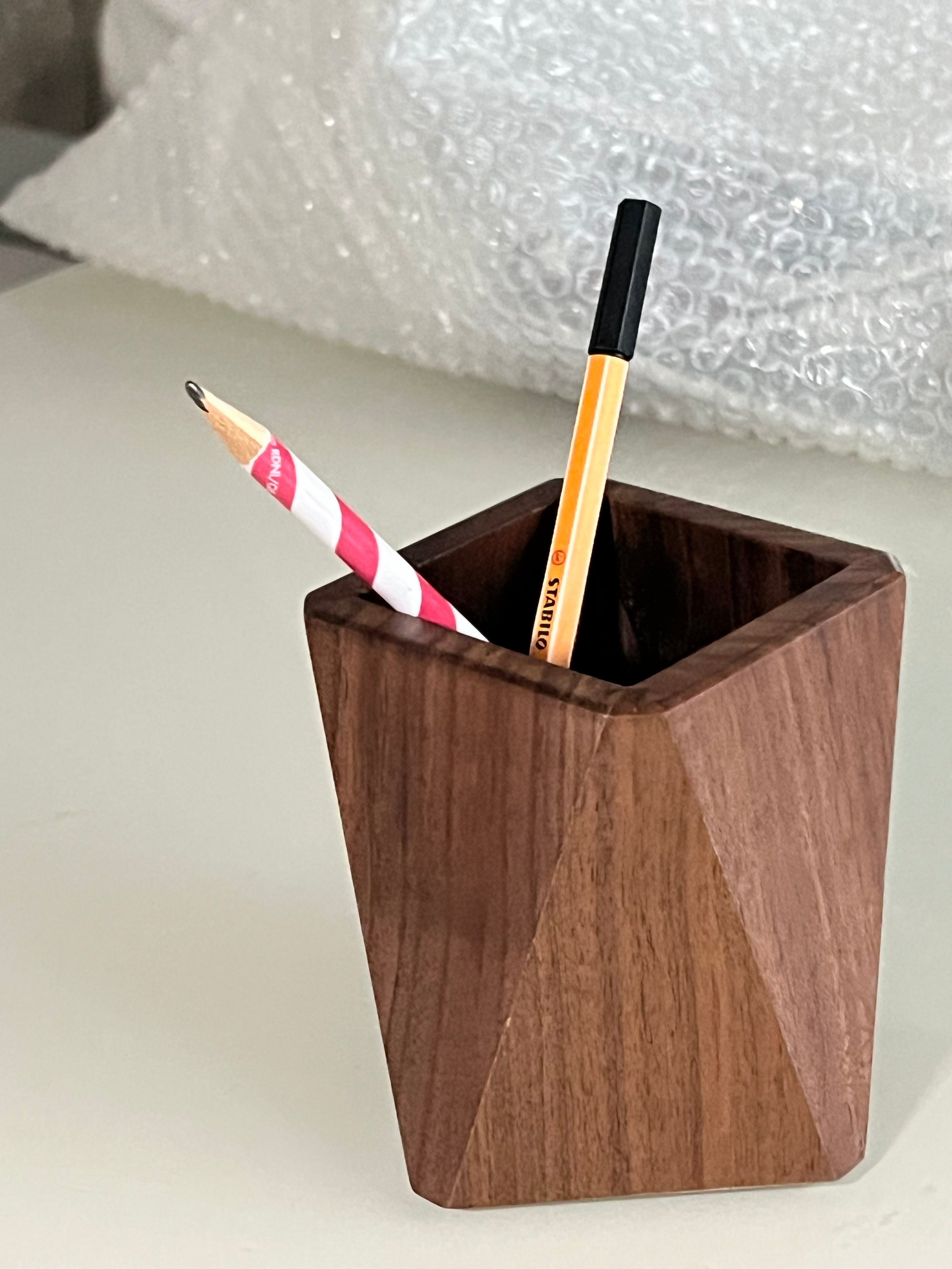 Personalised Wooden Pen Holder Solid Wood Desk Organizer, Laser Engraved Name or Logo, Minimalist Gift for Office or Home