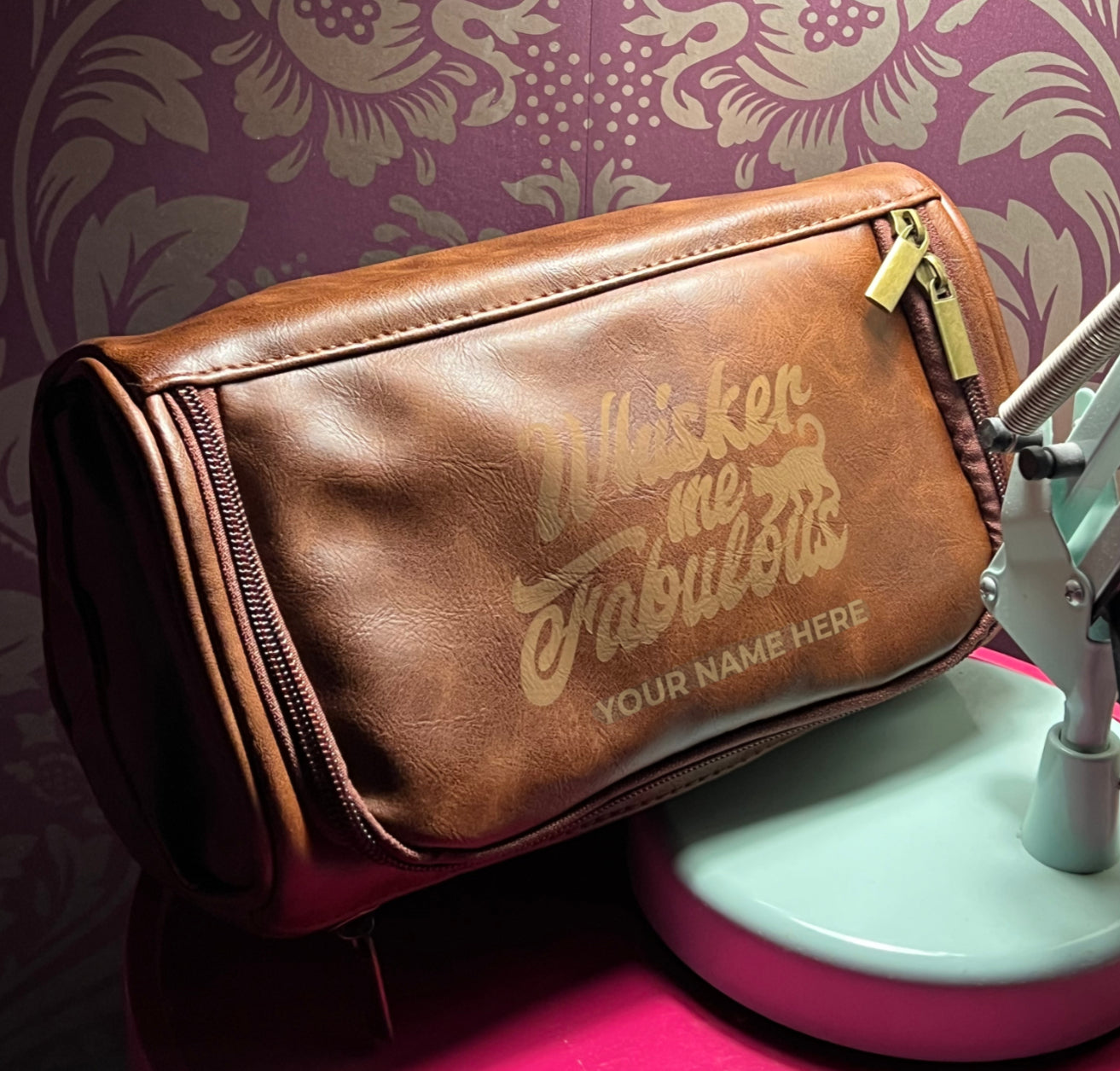 Personalised brown toiletry bag with custom engraved name