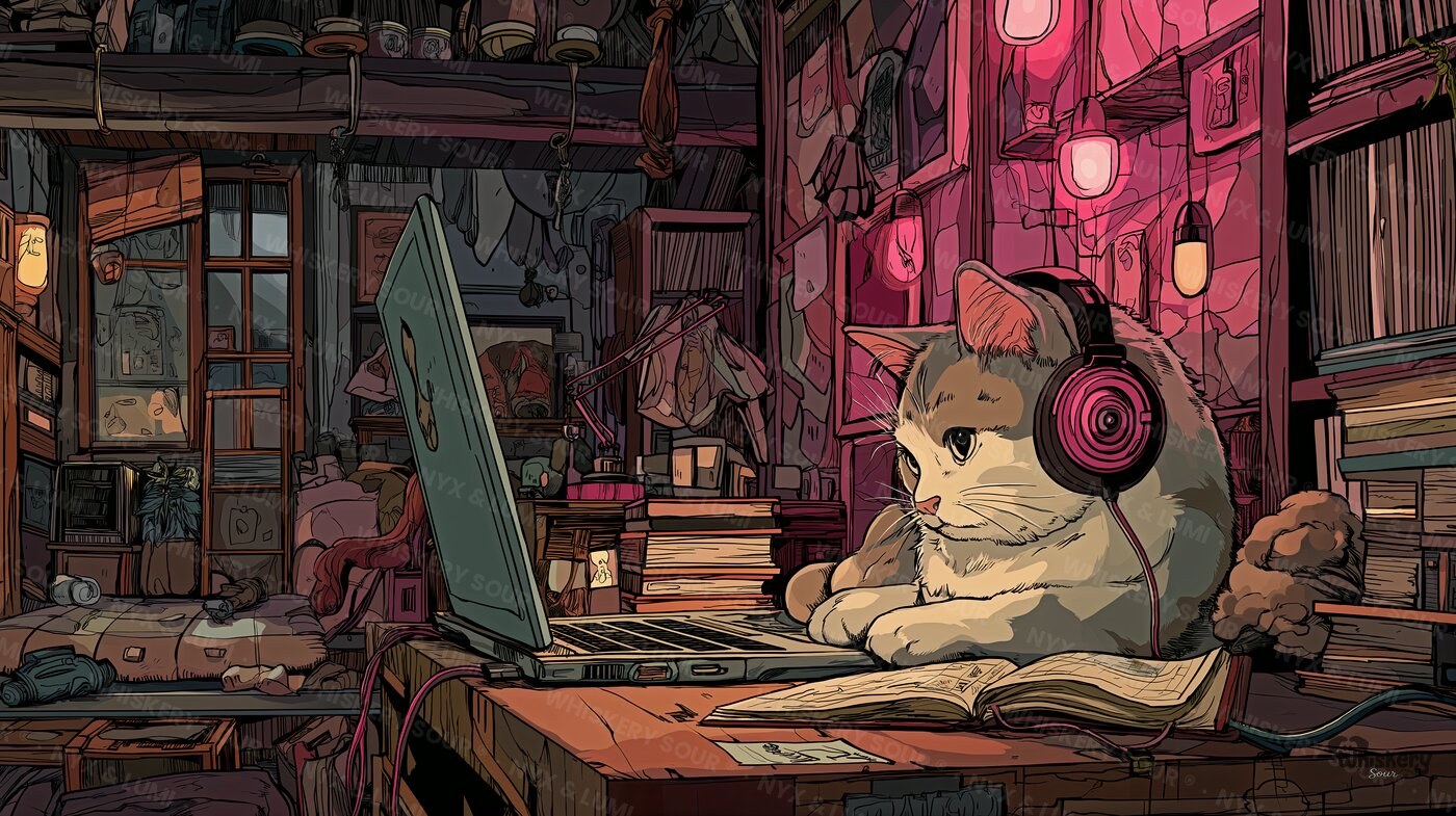 LUMI — a cosy cat in pink headphones curled over a laptop and an open book in warm lamplight