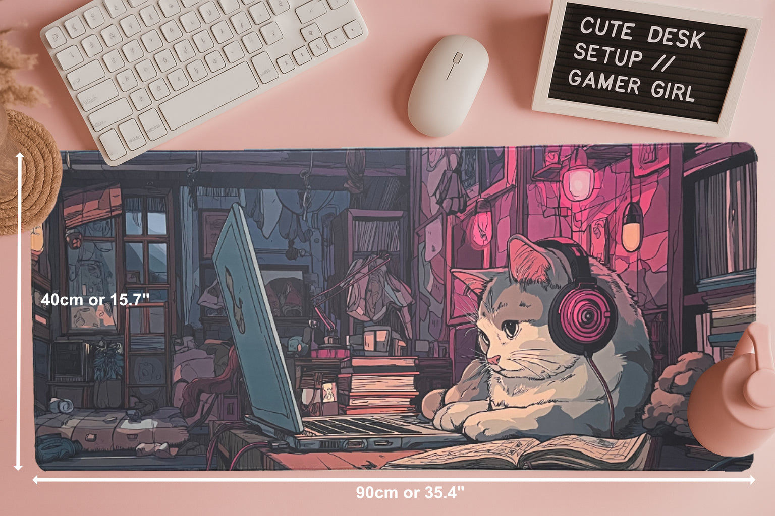 Lo-fi Cat Vibes XXL Mouse Pad (90cm) – Pink Glow, 4mm Comfort Edition