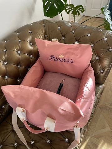 Personalised Princess Ride Booster – Blush Pink Pet Car Seat Bed with Name Embroidery