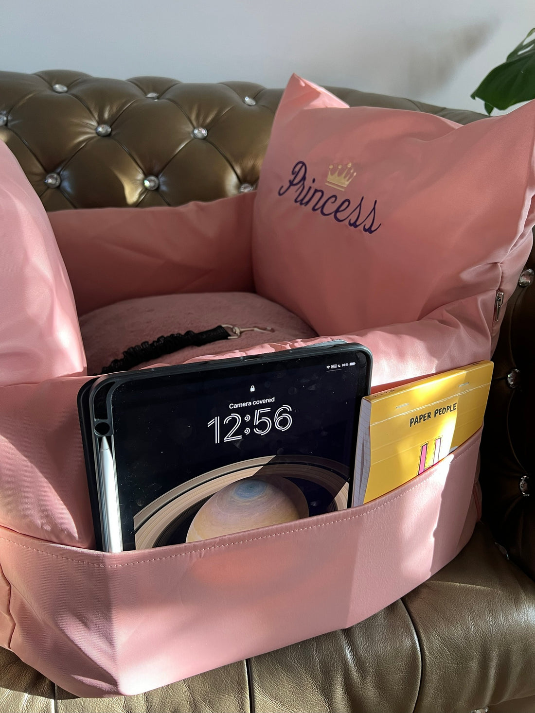 Personalised Princess Ride Booster – Blush Pink Pet Car Seat Bed with Name Embroidery