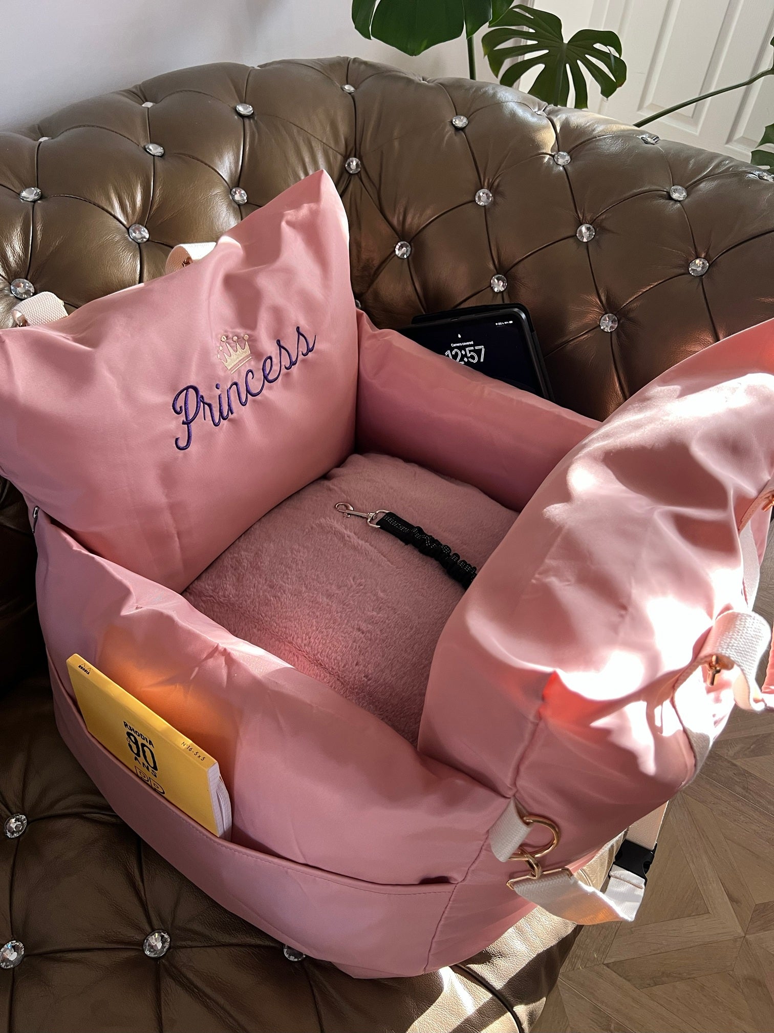 Personalised Princess Ride Booster – Blush Pink Pet Car Seat Bed with Name Embroidery