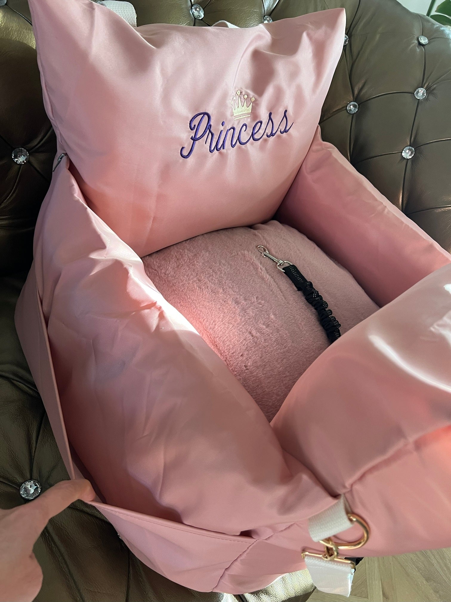 Personalised Princess Ride Booster – Blush Pink Pet Car Seat Bed with Name Embroidery