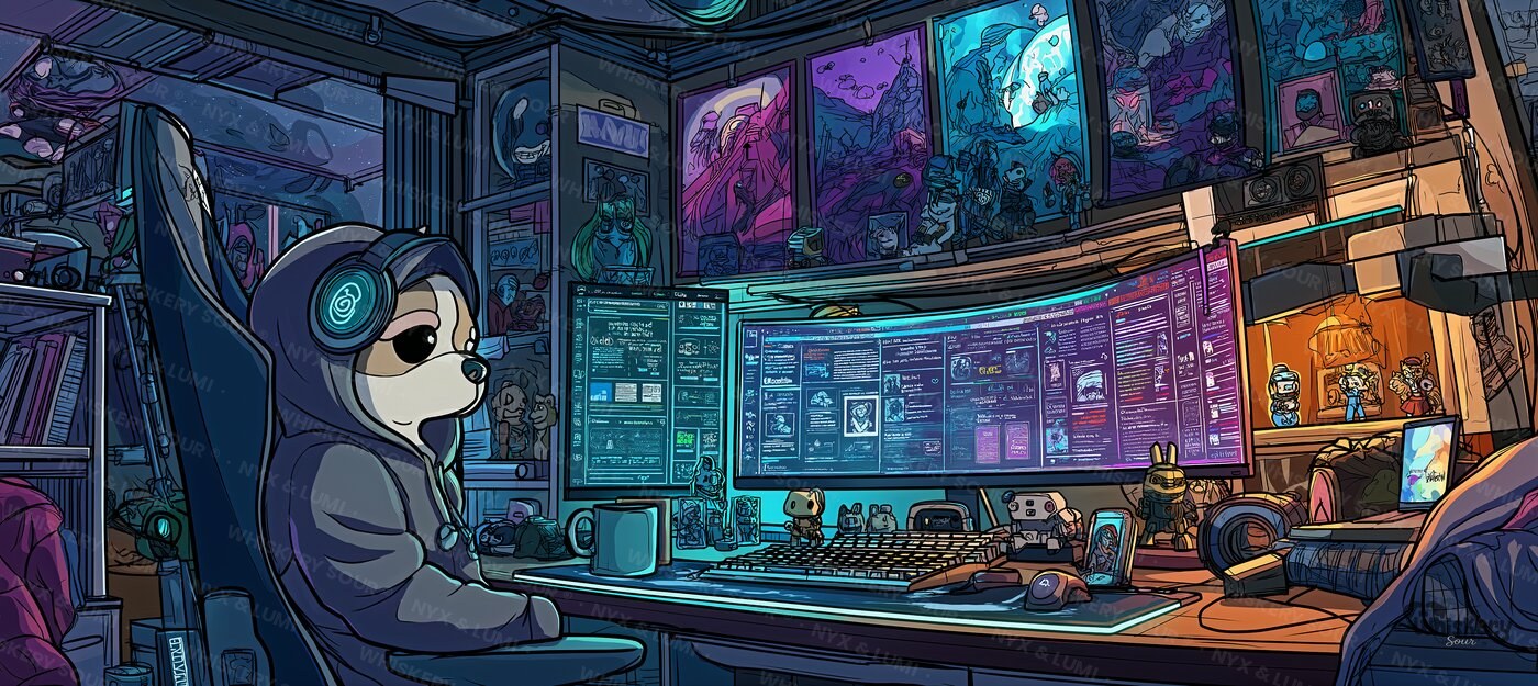 NYX — cyan-glow gaming dog mouse pad at a battlestation