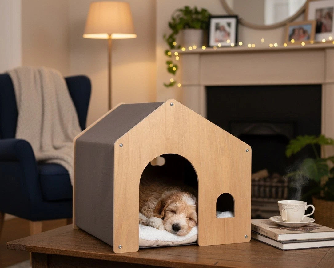 Personalised Minimalist Wooden Pet House – Custom Name Engraved Cabin for Cats & Small Dogs