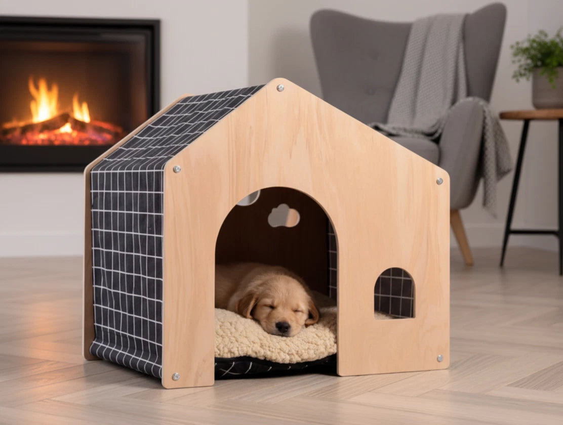 Personalised Minimalist Wooden Pet House – Custom Name Engraved Cabin for Cats & Small Dogs