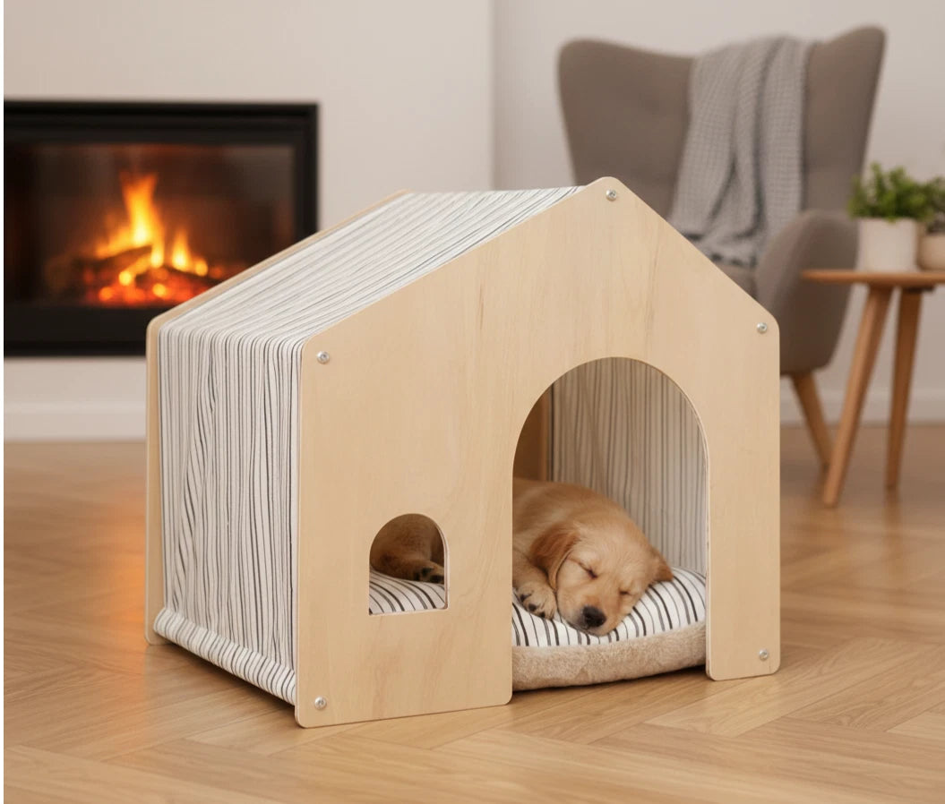 Personalised Minimalist Wooden Pet House – Custom Name Engraved Cabin for Cats & Small Dogs