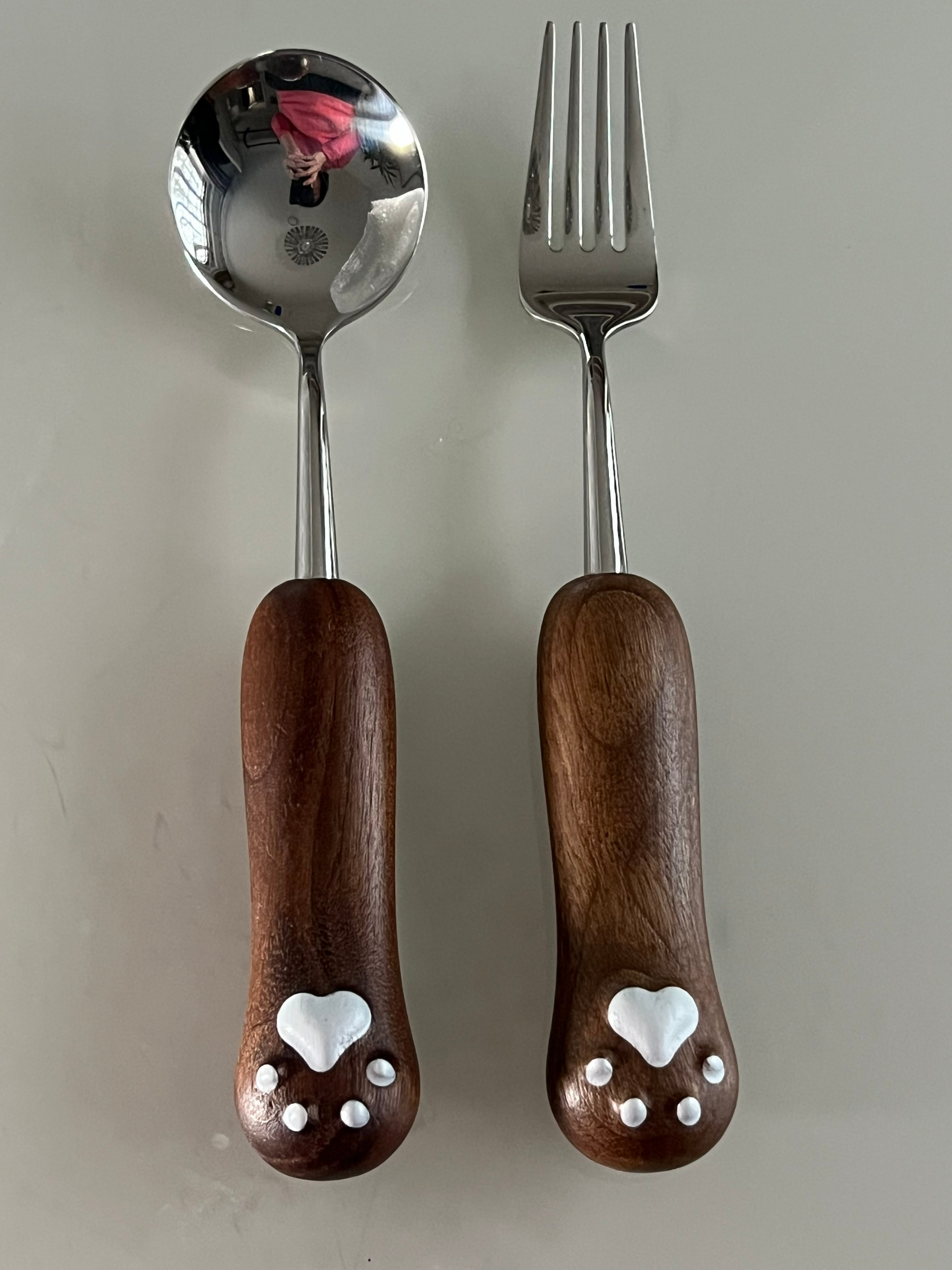 Personalised Paw Print Spoon & Fork Set – Wooden Handle Cutlery Gift for Pet Lovers & Kids
