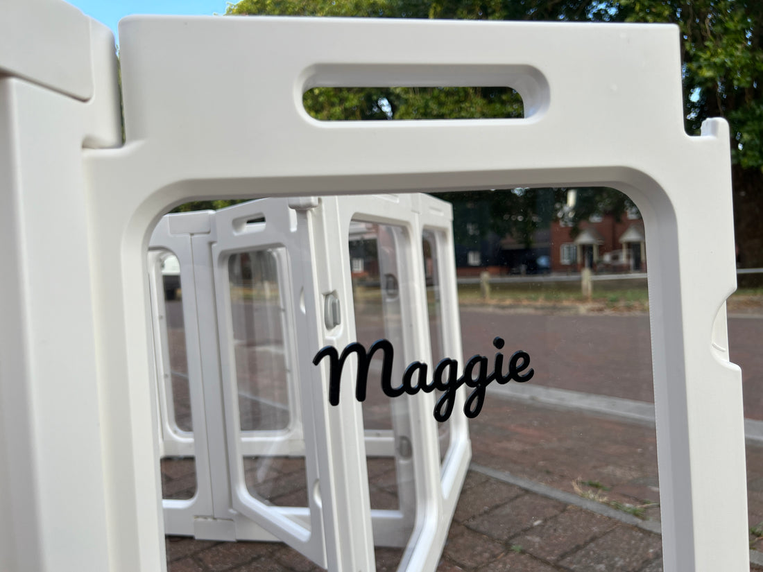 Personalised acrylic pet playpen with the name Maggie cut and fitted to the door panel | Whiskery Sour