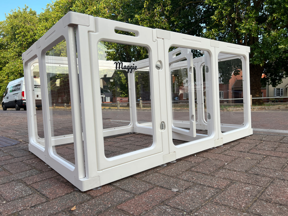 Personalised acrylic pet playpen with the name Maggie cut and fitted to the door panel | Whiskery Sour