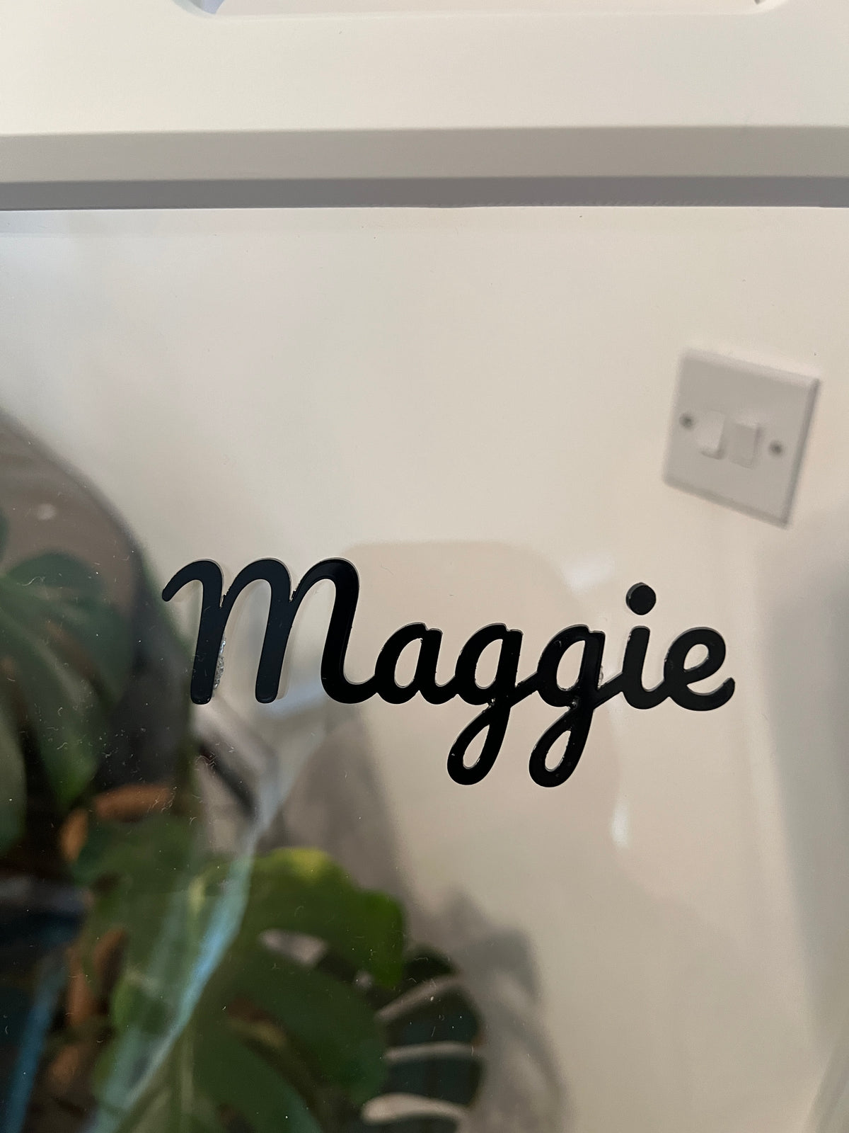 Hand-cut Maggie name tag on the white playpen panel, indoor detail shot | Whiskery Sour