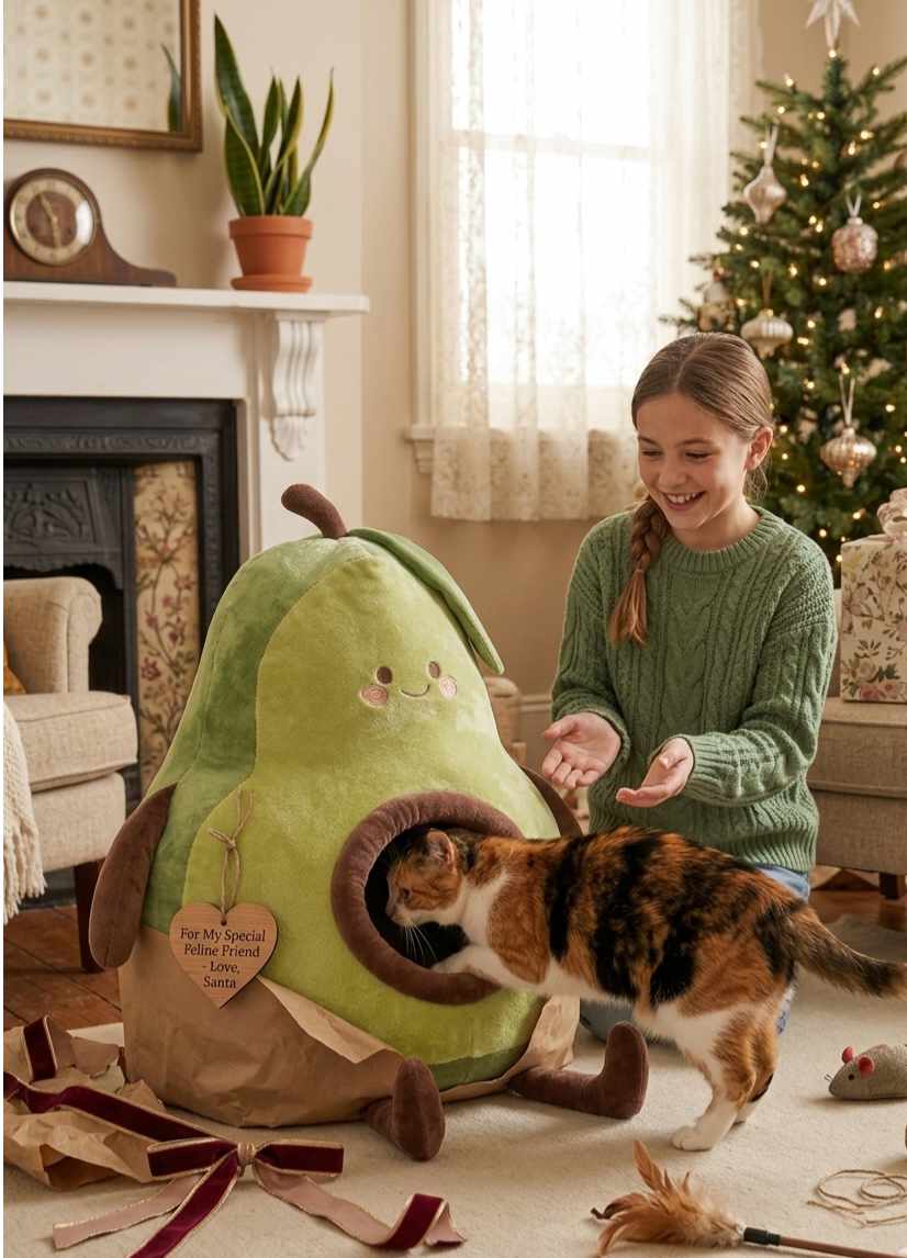 A girl with a calico cat coming out of Avo's doorway, by a Christmas tree
